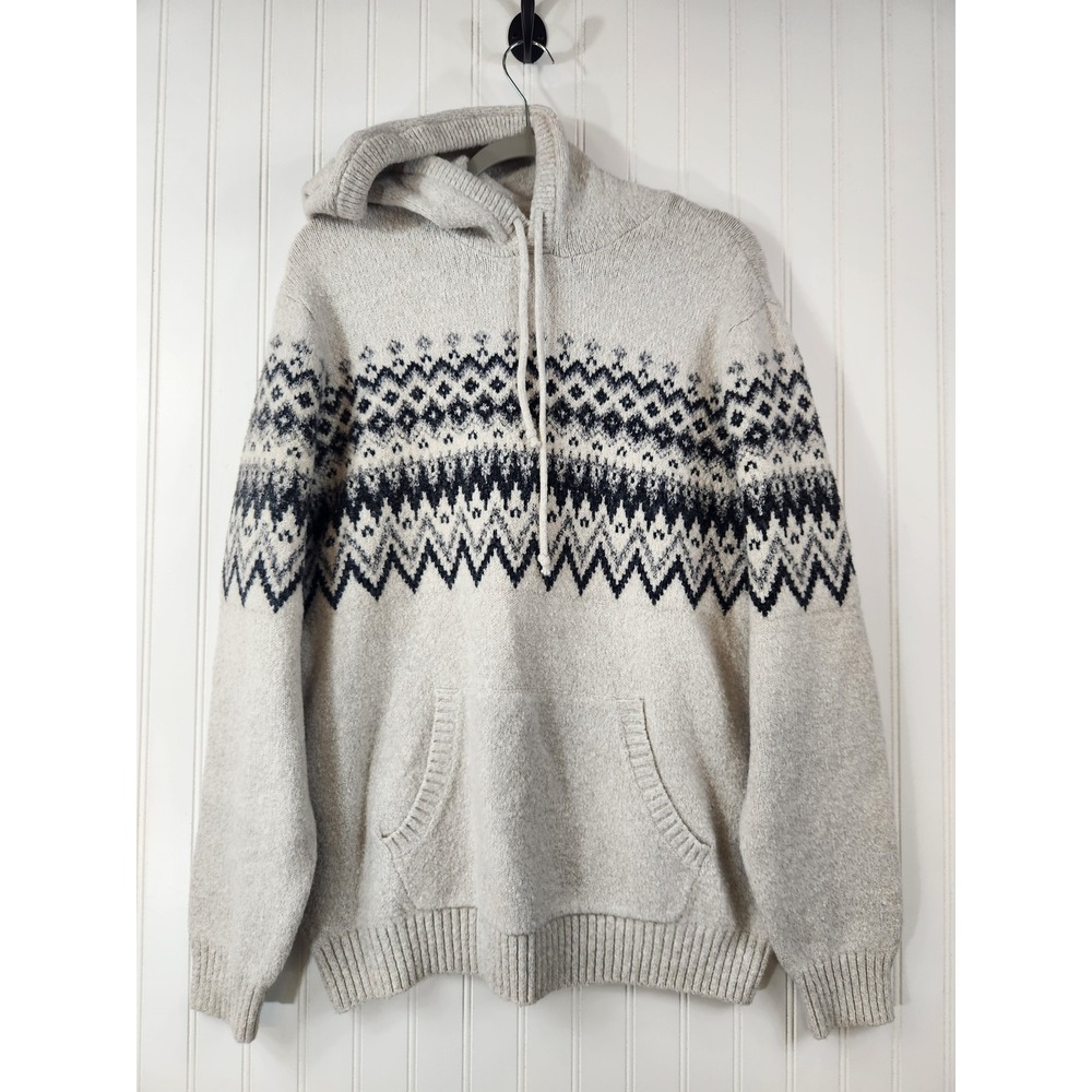 Old Navy Mens XL Fair Isle Knit Hoodie Oatmeal Beige Navy Blue Pullover Sweater